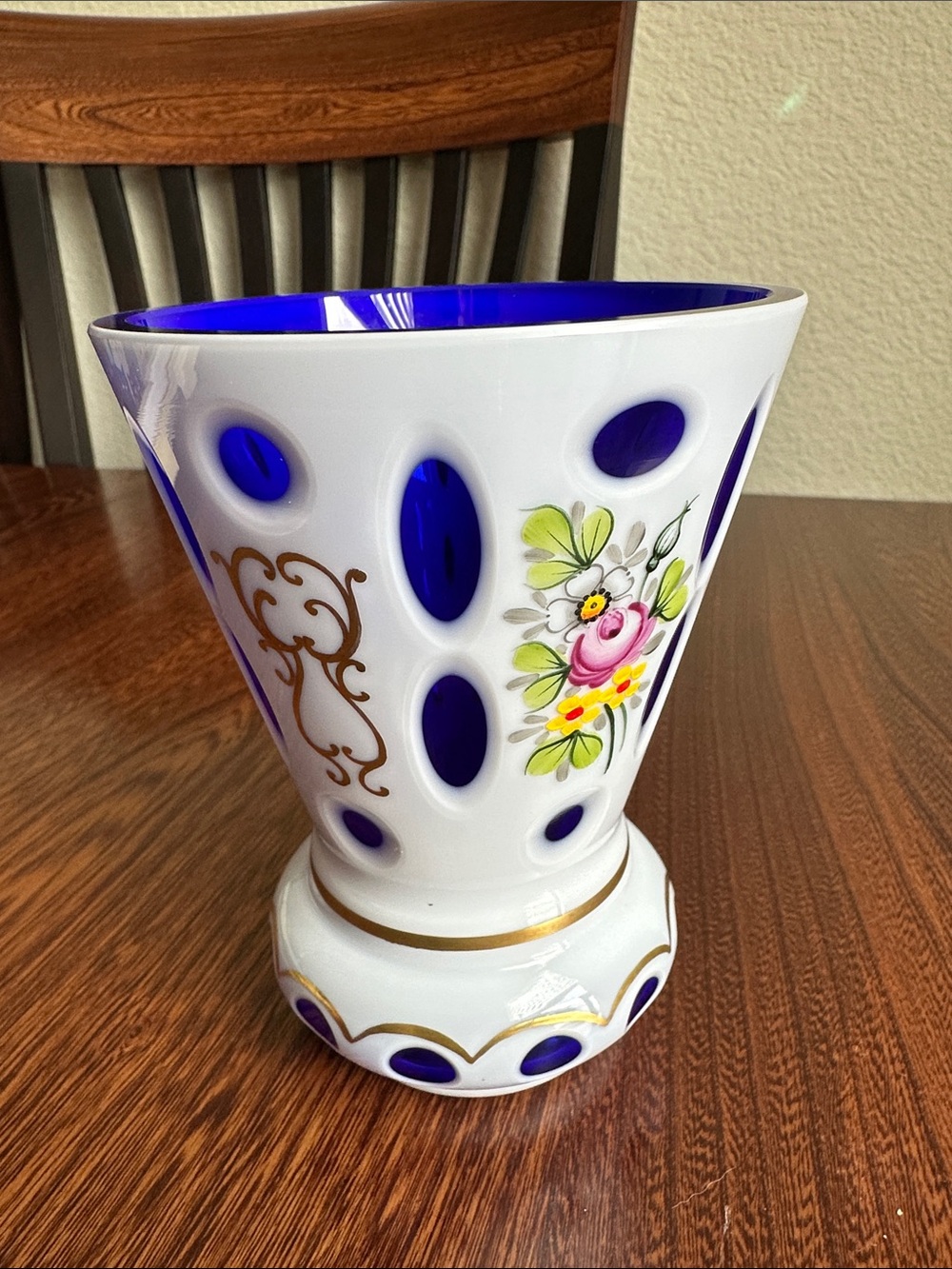White and Cobalt Hand-Painted Floral Glass Vase